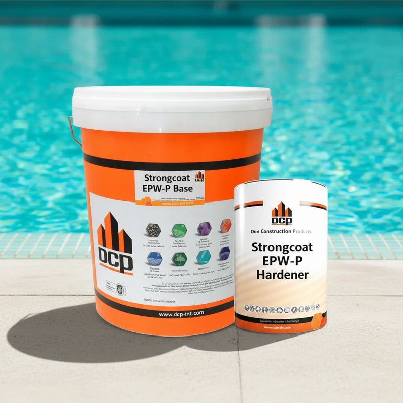 Bucket and can of DCP Strongcoat EPW-P system by a pool