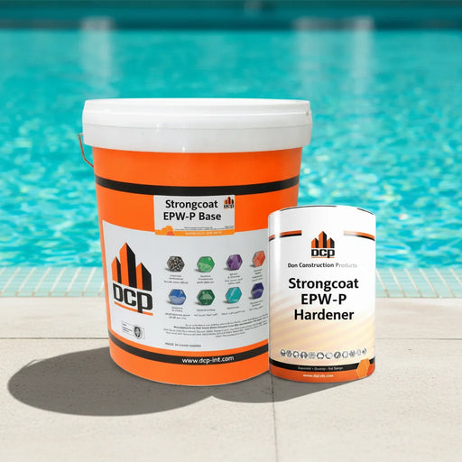 Bucket and can of DCP Strongcoat EPW-P system by a pool