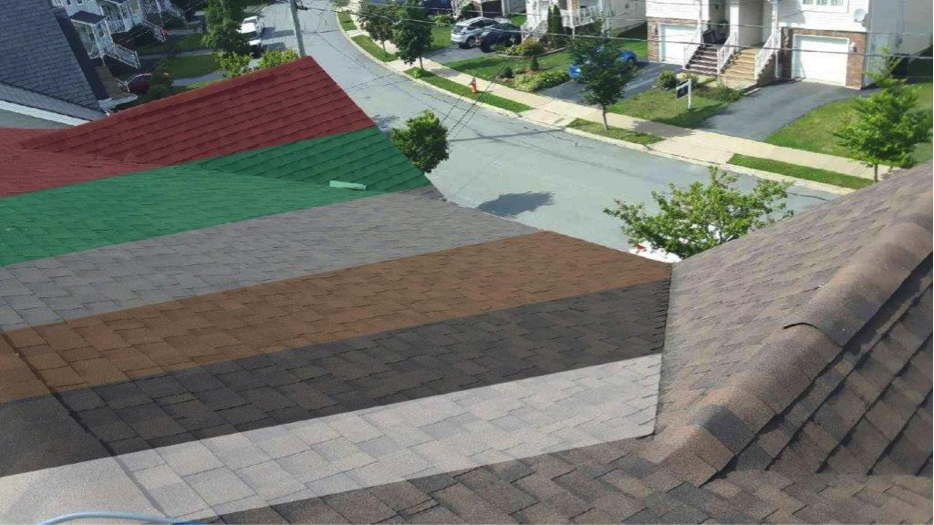 Neoroof applied on Shingle Roof showing Red, Green Brown, Grey, Black, and White colors